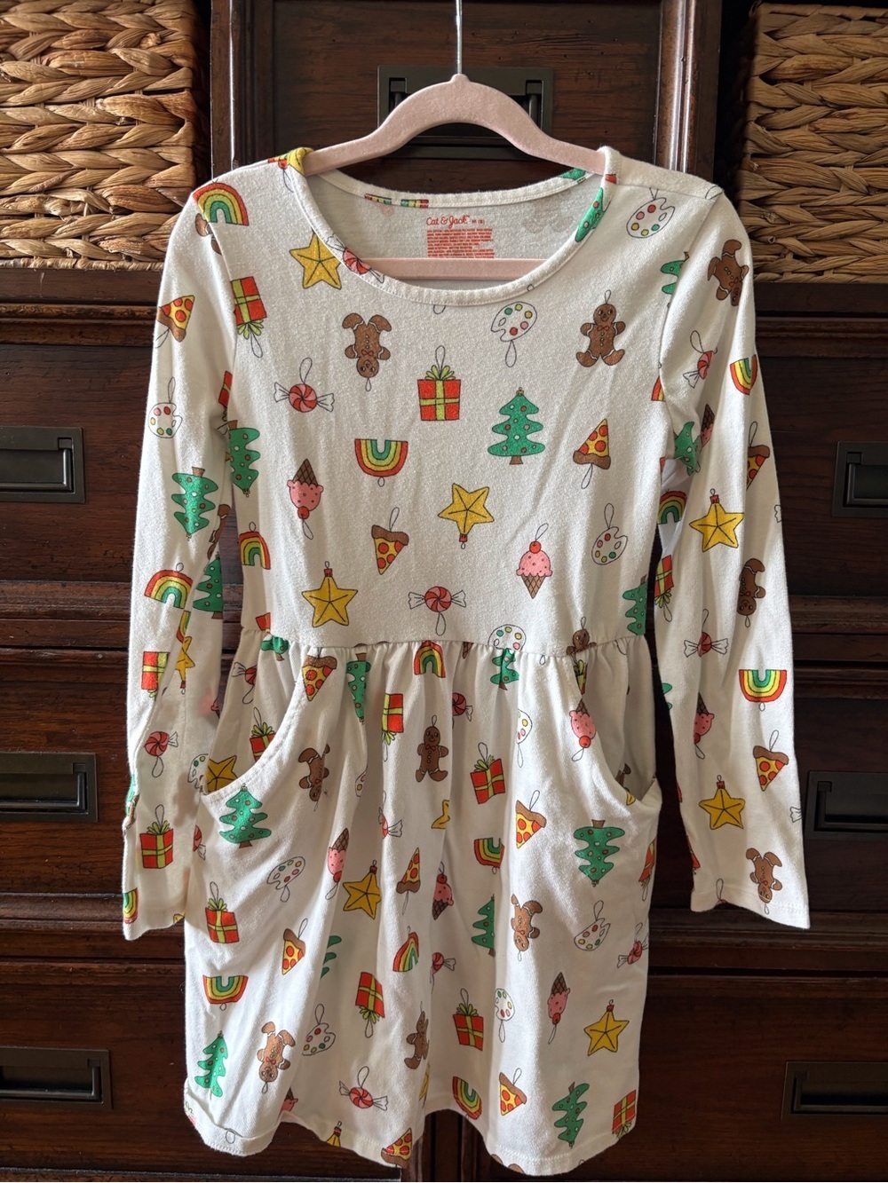 Cat & Jack Cream Holiday Print Long Sleeve Dress in size M